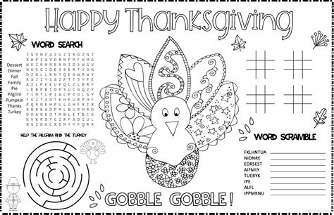 thanksgiving placemat printable  kids thanksgiving