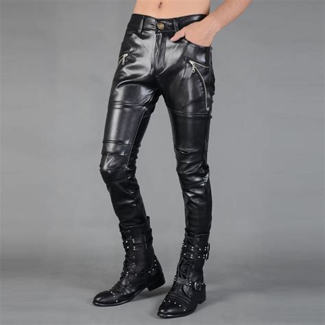 Black Motorcycle Faux Leather Pants Men Casual Trousers Straight Pu