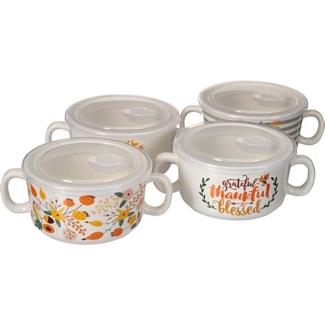 Mainstays Harvest Floral Set Of 4 Double Handled Soup Bowl With Lid