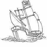 Coloring Ship Schooner Pirate Wave Galleon Rear Simple Drawing Color sketch template