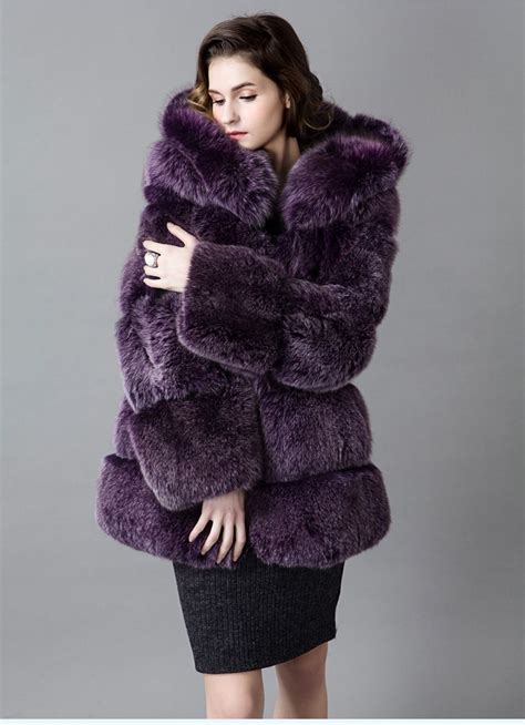 purple fox fur coat  hood warm winter  wear usd fur coat fashion fur coat fur