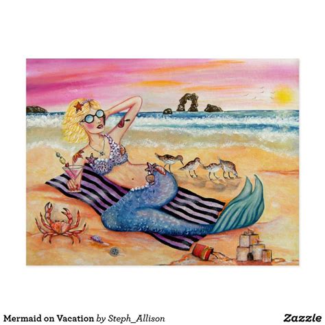 Mermaid On Vacation Postcard Mermaid Drawings Mermaid