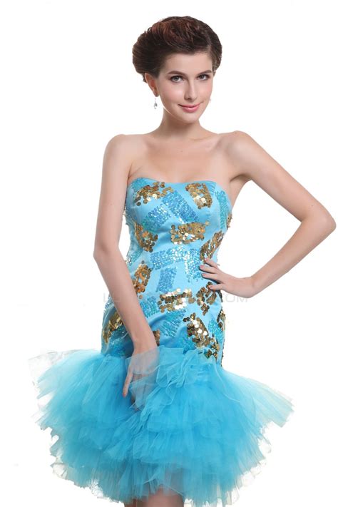 short strapless blue sequin prom evening formal party