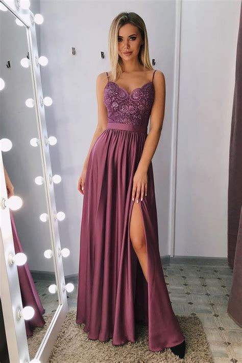 A Line Spaghetti Straps V Neck Purple Lace Side Slit Prom Dresses