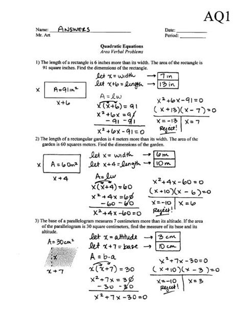 quadratic word problems worksheet  answers support worksheet