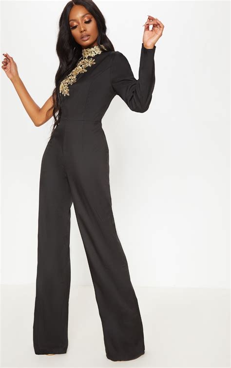 black high neck embroidered jumpsuit prettylittlething