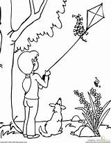 Kite Flying Drawing Scene Kites Children Color Coloring Pages Spring Kids Drawings Easy Printable Kindergarten Boy Colouring Worksheet Paintingvalley Child sketch template