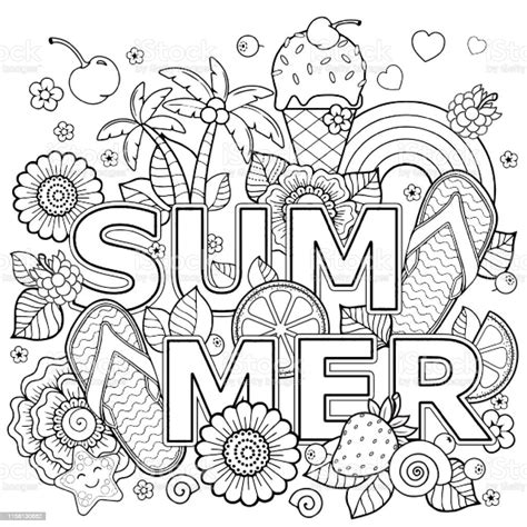 hand drawn coloring book  adult summer holidays party  rest stock