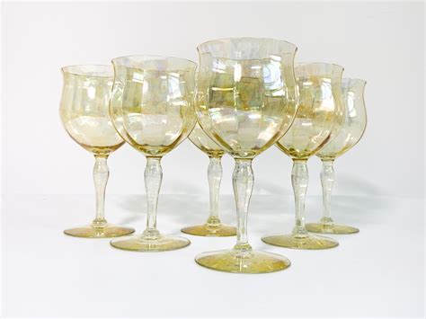 Vintage Set Of 6 Iridescent Wine Glasses Light Peach Color Large