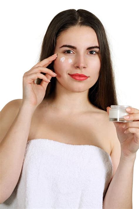 Woman Rubs Cream Face Stock Image Image Of Positive 87347569