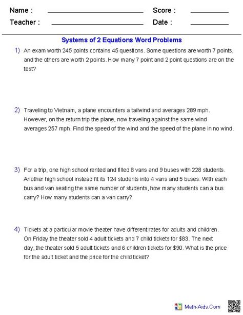 writing equations  word problems worksheet  systems  equations