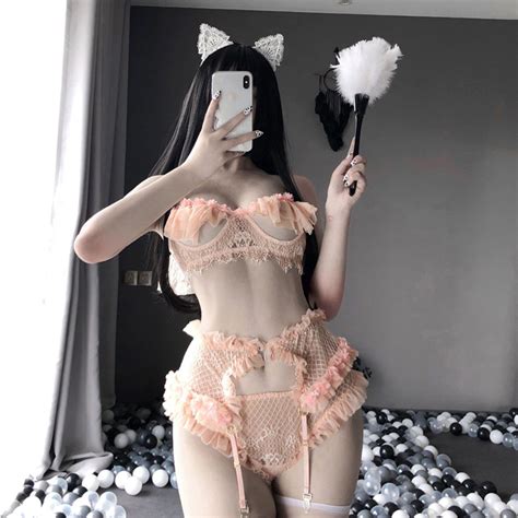 2021 new women sexy lingerie lace cat girl cosplay costume sling three