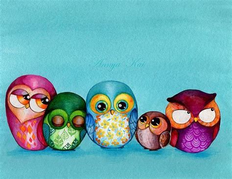 cute  colorful owl painting owl decor family art print
