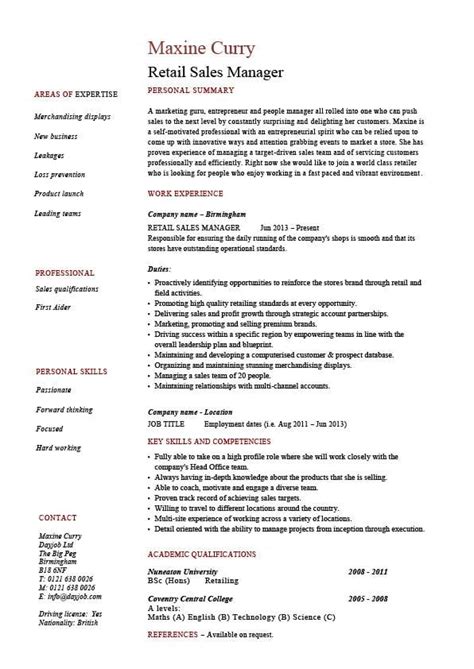 retail sales manager resume  job description sample template