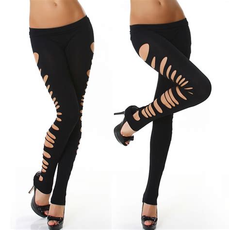 Chsdcsi Hollow Out Elastic Skinny Sexy Leggings Hole Ripped Women Club