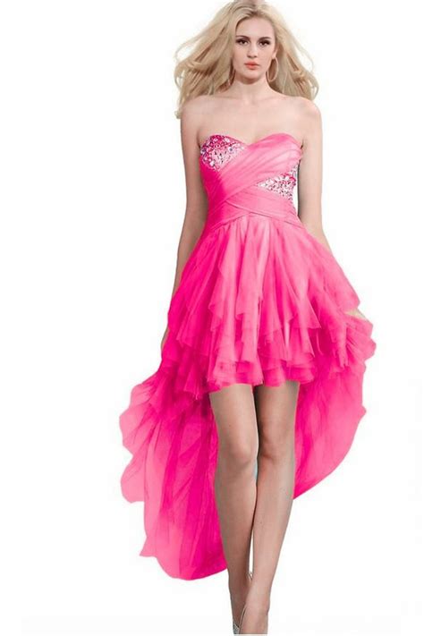 cute strapless high low hot pink tulle ruffle prom dress