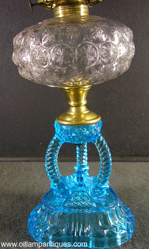 Cathedral Lamp Blue And Clear Glass Oil Lamp Antiques