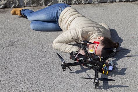 drone quadcopter accident scene  city stock photo image  hurt body