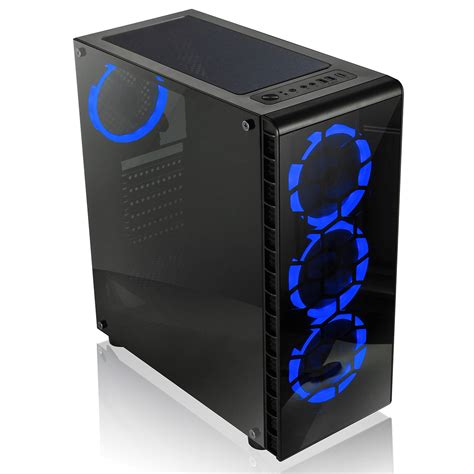 Cit Raider Gaming Case 4 X Blue Ring Fans Glass Front And Acrylic Side