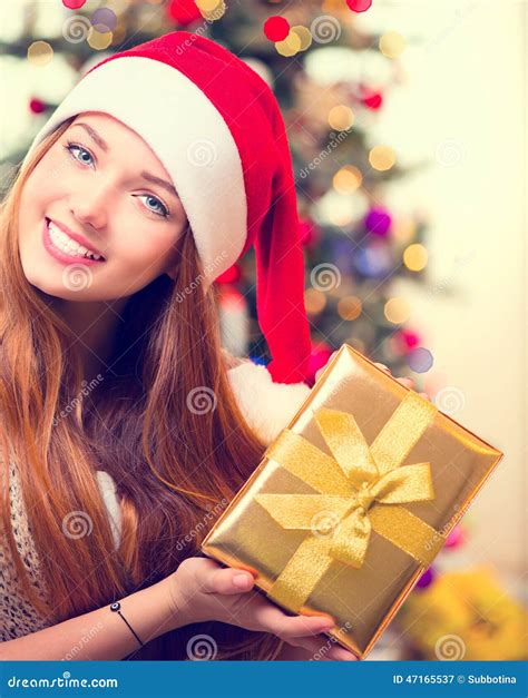 Girl With Christmas T Box Stock Image Image Of Holiday Beautiful