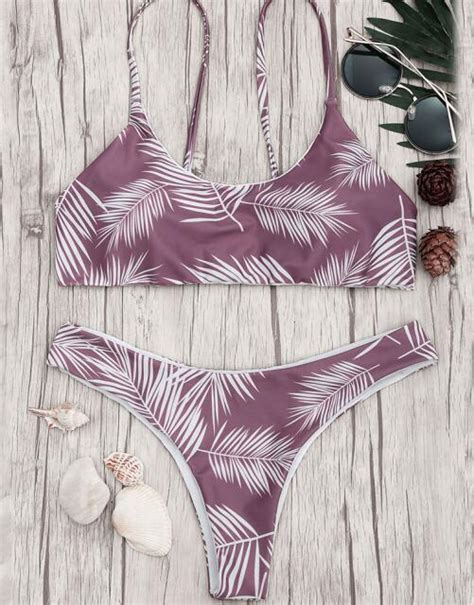 Women Purple White Leaf Summer Bikini Sexy Two Piece Swimwear Set In