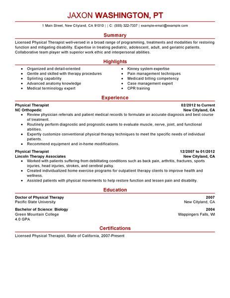 physical therapist resume  medical sample resumes livecareer