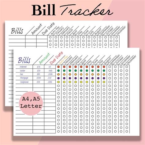 bill tracker printable monthlyyearly bill organizer  etsy