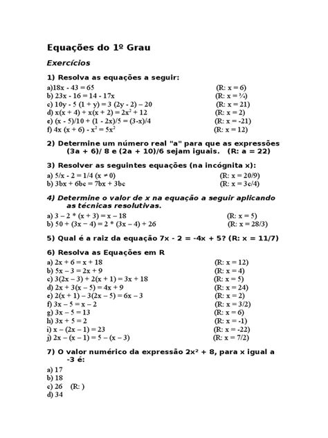 equacoes   grau   grau lista de exercicios equacoes