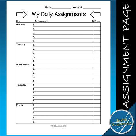 weekly assignment sheet  homework planner assignment sheet