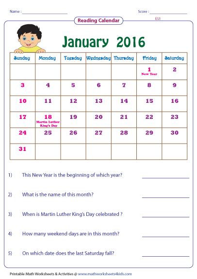 reading calendar worksheets  word problems