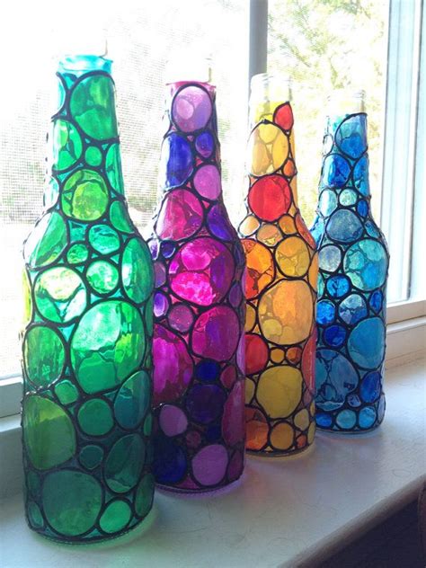 Four Stained Bubbly Glass Bottles Painted Etsy Painted Glass