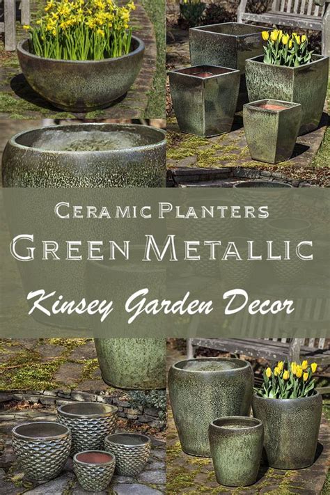 Kinsey Garden Decor Glazed Ceramic Planters Green Metallic Indoor