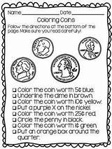 Coins Identifying Worksheets Activities Values Worksheet Money Math Following Directions Coloring Kindergarten Quarters Coin Dimes Pennies Nickels Preschool Learning Practice sketch template