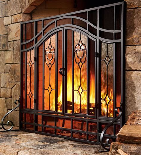 Large Two Door Floral Fireplace Screen With Beveled Glass Panels 벽난로