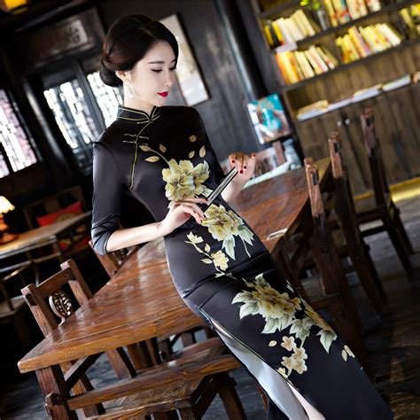 buy long traditional silk cheongsam dress black