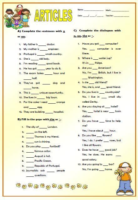 articles elementary worksheet worksheets  class  english grammar