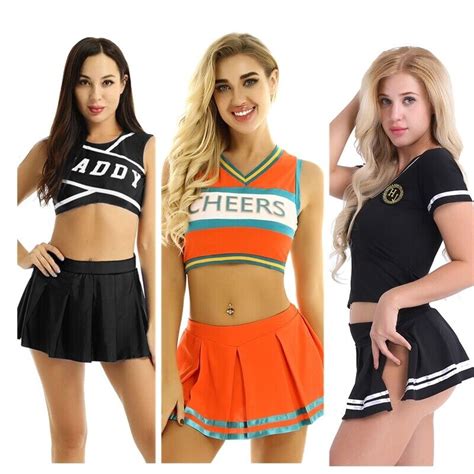 Women Cheerleader Uniform Crop Top Skirt Poms Dancer Fancy Dress