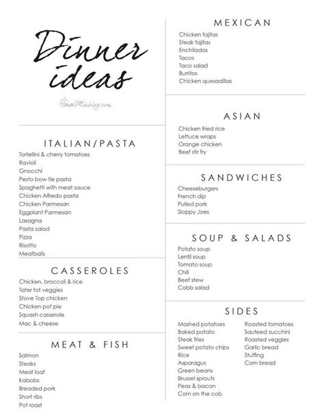 dinner idea list  menu meal planning menus family meal planning