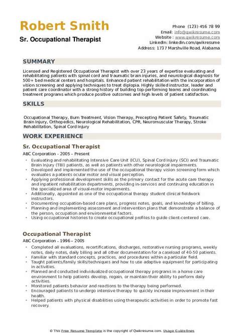 occupational therapist resume samples qwikresume