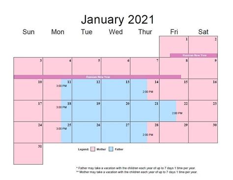 parenting plan calendar template