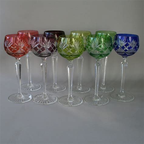 set   multi coloured cut glass crystal hock  wine glasses