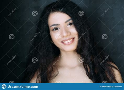 smiling beautiful brunette naked shoulders beauty stock