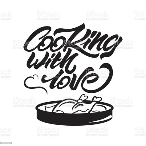 Cooking With Love Lettering Illustration With Pan And Chicken Vector
