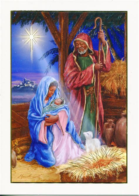 religious christmas cards african american holy family  stable