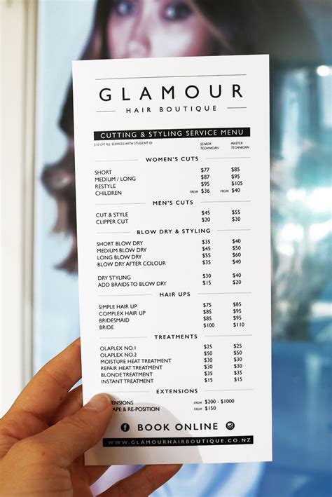 service menu design  glamour hair boutique  albany auckland