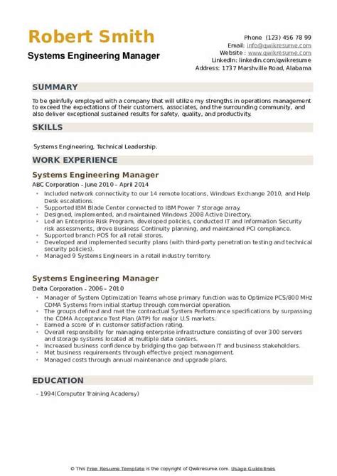 systems engineering manager resume samples qwikresume