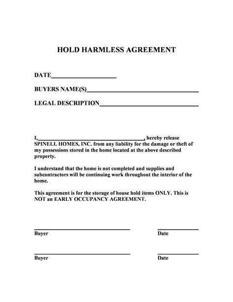 hold harmless agreement templates  templatelab
