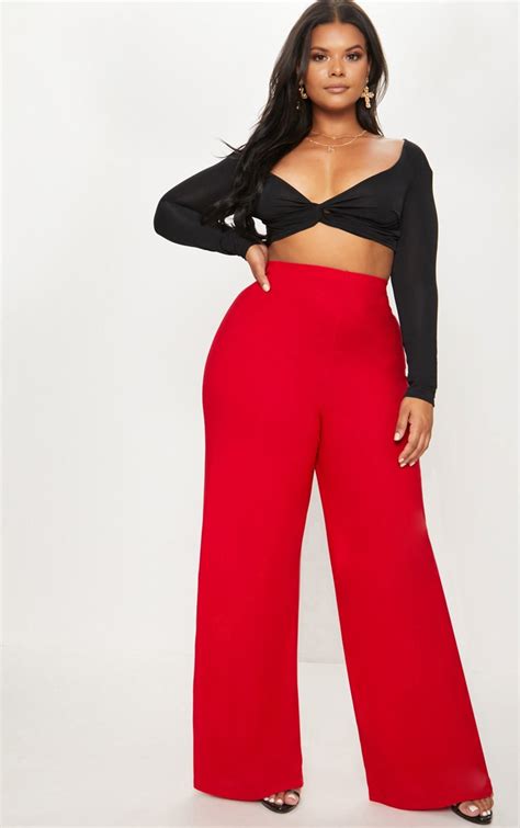 plus red high waisted wide leg pants prettylittlething usa