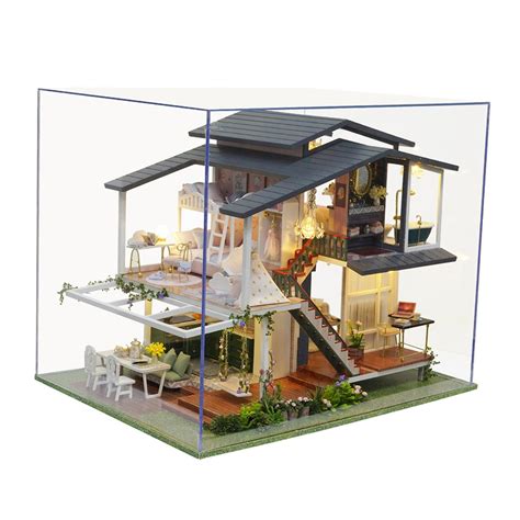 led lumiere diy en bois miniature dollhouse monet jardin cabine batiment kits avec meubles kit