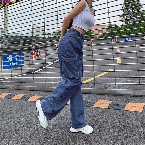 Streetwear Harajuku Women S Baggy Jeans Big Pockets High Etsy